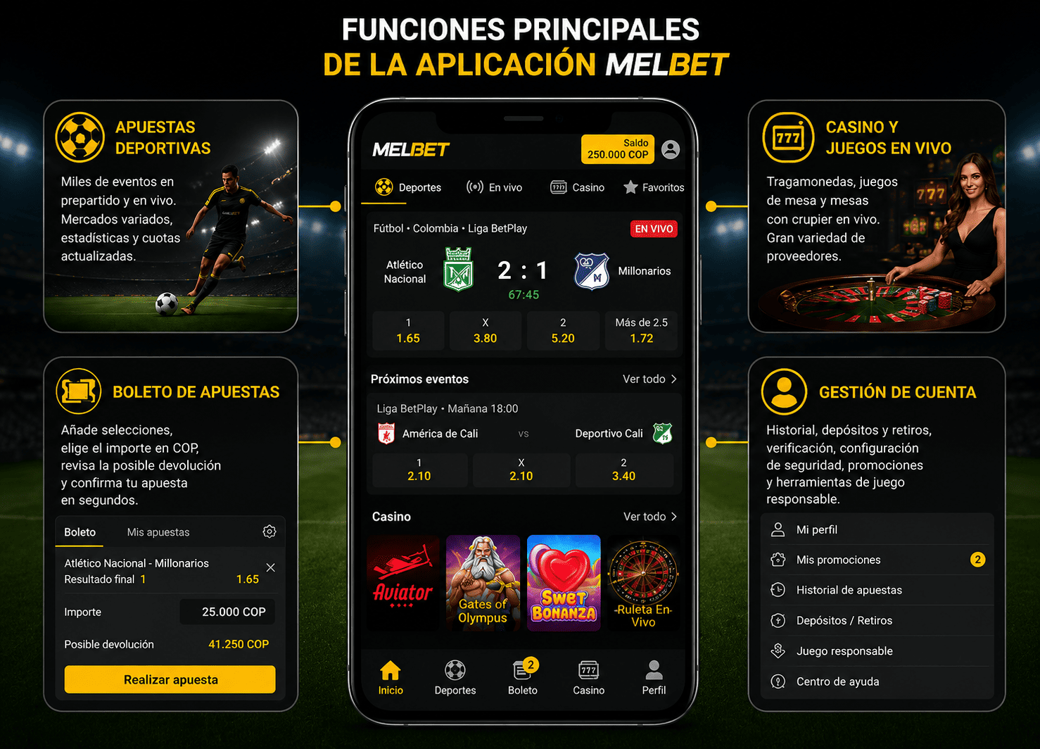 Funciones principales de la MelBet APP en el dispositivo