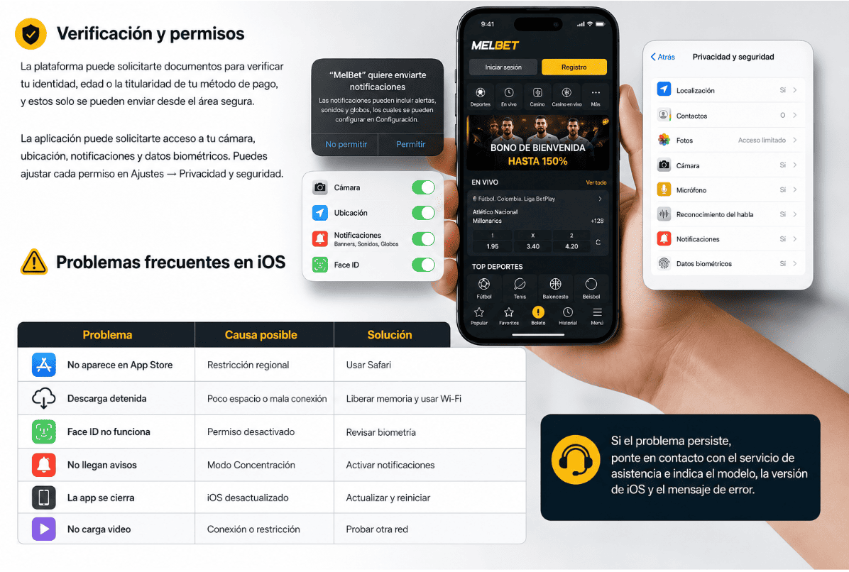 Pantalla de solución de problemas frecuentes de MelBet en iOS